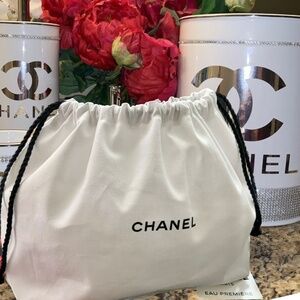 CHANEL white cotton canvas drawstring pouch cosmetic bag storage bag - AUTHENTIC